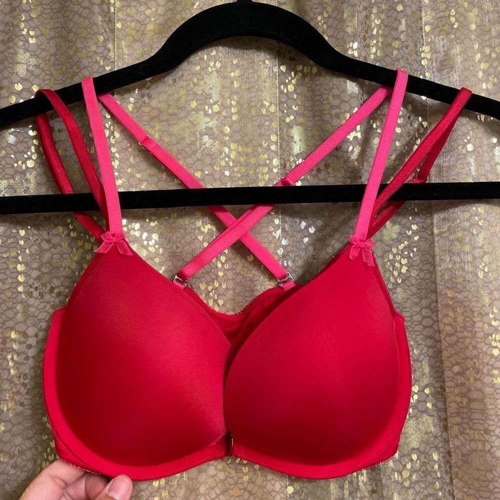 Victorias Secret Red Pink Strappy Dream Angels Padded Demi Bra 32D